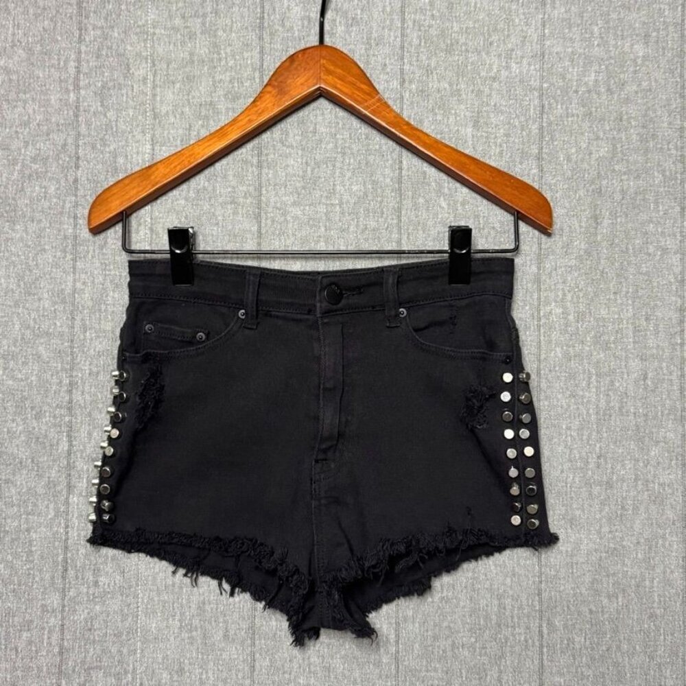 BDG UO Black Stretch Denim Silver Studded High Rise Cheeky Jean Shorts Size 28